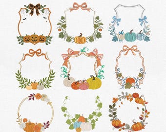 Fall Pumpkin Monogram Frame Bundle Machine Pattern, Halloween Wreath Crest Autumn Bow Border, Blank Name Space Pes Dst Jef Vp3