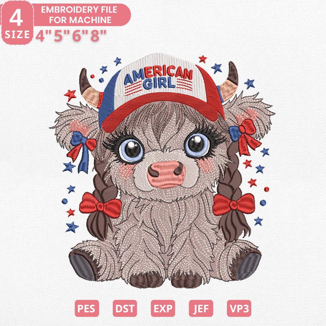 America Highland Cow Embroidery Design, Cute Patriotic Cow, 4th of