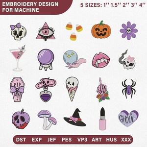 Puede incluir: Una colección digital de diseños de bordado a máquina con veinte iconos que incluyen calaveras, una calabaza, una bola de cristal, un ataúd con el texto RIP, un sombrero de bruja y un corazón con el texto GHOUL. El texto EMBROIDERY DESIGN FOR MACHINE es visible.