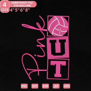 Pink Out Volleyball Embroidery Design, Block Letter Ribbon Volleyball Theme Machine File, 4 Sizes, Instant Download, Dst Pes Jef Exp Vp3