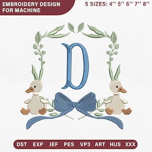 May include: Machine embroidery design featuring a central blue letter D framed by green leaves and two light-colored ducks with orange beaks. A blue bow sits at the base. Text includes EMBROIDERY DESIGN FOR MACHINE, 5 SIZES: 4" 5" 6" 7" 8", and file formats DST, EXP, JEF, PES, VP3, ART, HUS, XXX.