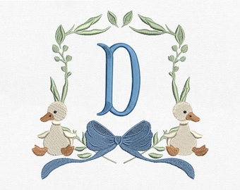 Duck Monogram Frame Embroidery Design, Baby Boy Blue Bow Wreath Machine Embroidery File, Instant Download, Pes, Dst, Exp