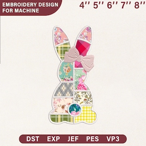 Paashaas stoffen borduurontwerp | Bloemen patchwork konijn silhouetpatroon | Digitaal bestand direct downloaden