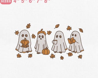 Niedliche Geister mit Kürbisse und Gewürzgetränk Stickmuster, niedliche Halloween Maschinenstickerei, Instant Download Dst Pes Exp Jef Vp3