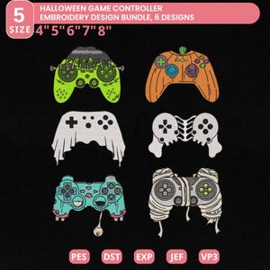 May include: A Halloween-themed embroidery design bundle featuring six unique game controller designs. The controllers are styled as a Frankenstein monster, a pumpkin, a ghost, a skull, a mummy, and a controller with an eyeball. The designs are available in sizes 4", 5", 6", 7", and 8".