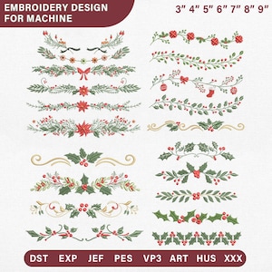 以下が含まれることがあります： 機械用のデジタル刺繍デザイン集。赤と緑のクリスマスをテーマにした花柄のボーダー、ヒイラギの小枝、ポインセチアが描かれています。テキストは「EMBROIDERY DESIGN FOR MACHINE」、「3" 4" 5" 6" 7" 8" 9"」、およびファイル形式「DST, EXP, JEF, PES, VP3, ART, HUS, XXX」と記載されています。