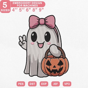May include: An embroidery design featuring a cute ghost with a pink bow, holding a jack-o'-lantern basket. The design includes the text "EMBROIDERY DESIGN FOR MACHINES" and sizes 4", 5", 6", 8", and 9".