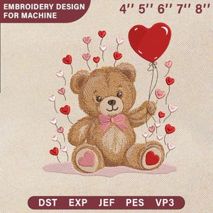 Disegno da ricamo con simpatico orsetto a forma di cuore e palloncino, file per ricamo a macchina con animali di San Valentino, motivo d'amore, regalo per bambini digitalizzato manualmente, 5 misure
