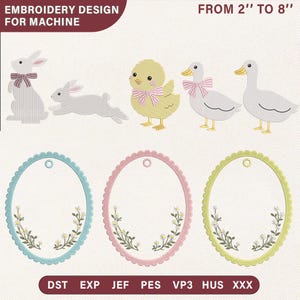 Disegno per ricamo con animali primaverili / Cornice per cestino pasquale ITH / Download immediato Pes Dst Jef Vp3