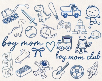 Boy Mom Club Icon Bundle Embroidery Design | 25 Sketch Boy Toys Pes Dst Jef Vp3 | Instant Download