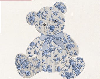 Floral Teddy Bear Embroidery Design | Blue Vintage Pattern | Instant Download Pes Dst Jef Vp3