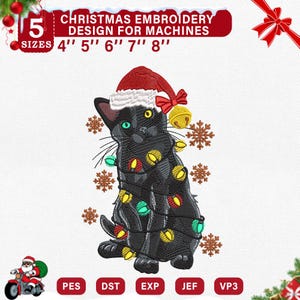 Desenho de bordado de gato de Natal, gato preto festivo com chapéu de Papai Noel e luzes, arquivo de bordado à máquina, download instantâneo Dst Pes Exp Jef Vp3