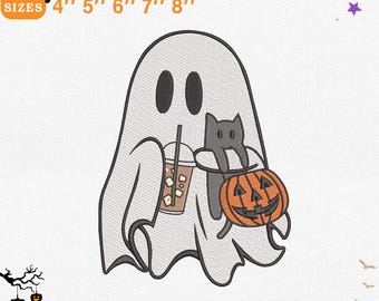 Diseño de bordado de fantasma de Halloween con gato y calabaza, archivo de bordado a máquina espeluznante y adorable, descarga instantánea Dst Pes Exp Jef Vp3