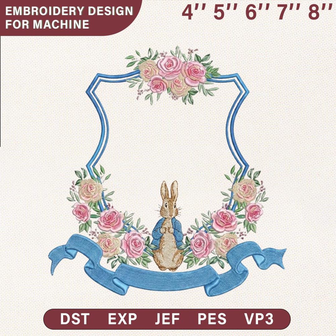 Pink Rose Bunny Frame Embroidery Design | Classic Storybook Rabbit ...