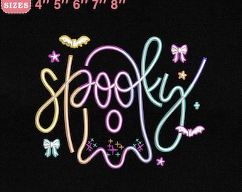 Spooky Neon Halloween Embroidery Design, Cute Ghost and Bat Machine Embroidery File, Instant Download Dst Pes Exp Jef Vp3