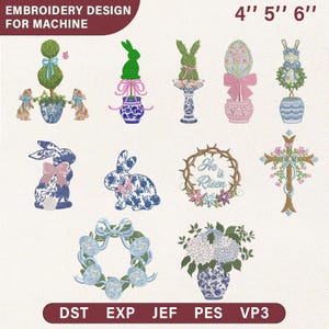 May include: An embroidery design collection with Easter themes. Designs include bunnies, floral arrangements, and crosses, with sizes of 10, 12.7, and 15.2 cm. The designs are in various formats, including DST, EXP, JEF, PES, and VP3. The text "EMBROIDERY DESIGN FOR MACHINE" is at the top.