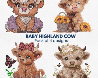 Baby Highland Cow Machine Embroidery Design, Highland Cow Embroidery Designs, Farm Animals, Instant Download, Pes, Dst, Jef, Exp, Vp3