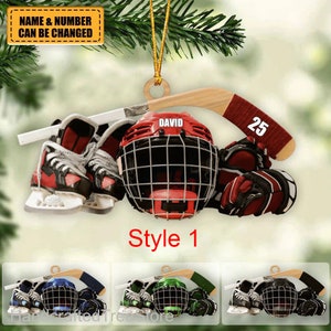 Personalized Hockey Skates Helmet And Stick Christmas Ornament, Hockey Gear Christmas Ornament, Hockey Christmas Ornament, Hockey Team Gift