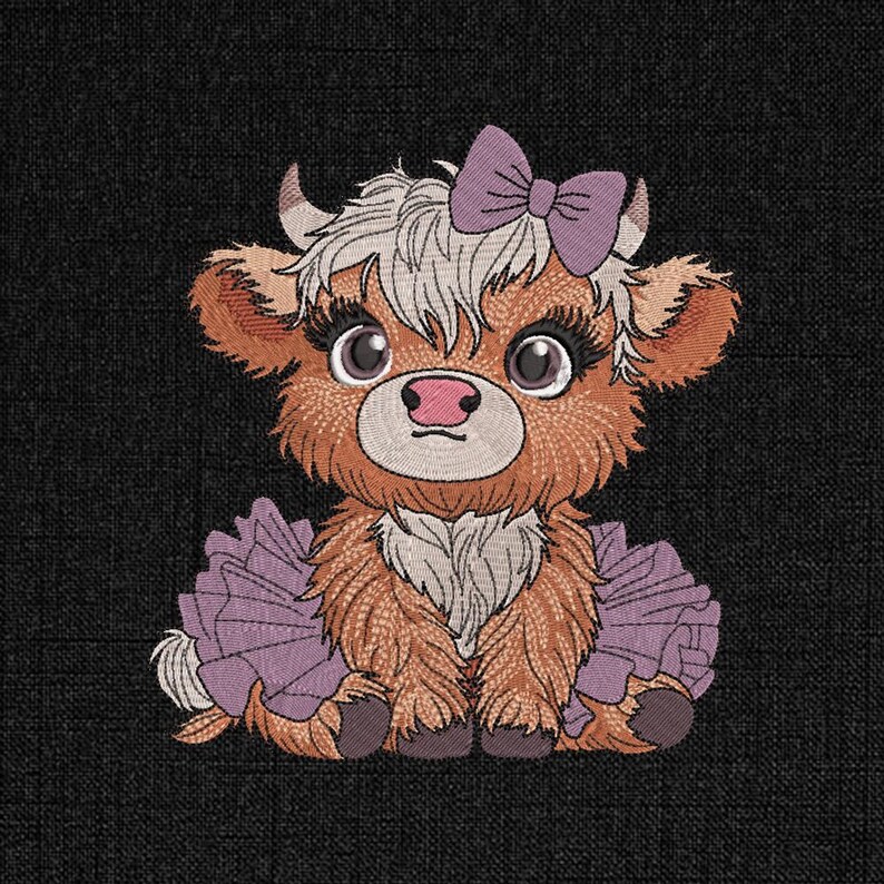 May include: A brown and white furry cow with a purple bow in its hair, wearing a purple ruffled skirt. The cow is sitting with its legs crossed and has a sweet expression on its face.