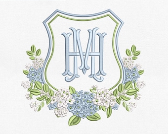 Blue Hydrangea Crest Monogram Frame Embroidery Design, Southern Floral Shield Machine Embroidery File, Instant Download, Pes, Dst, Exp