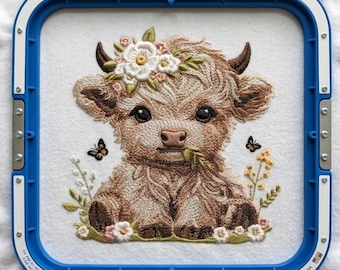 Baby Highland Cow Embroidery Design - Cute Calf With Butterfly, Highland Cow Machine Embroidery - Instant Download - Pes, Dst, Jef, Exp, Vp3