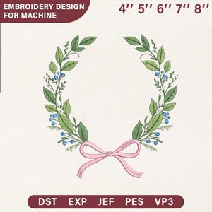 Wreath Embroidery Design, Pink Bow Monogram Frame, Floral Border Machine Embroidery File, Laurel Wreath Name Frame Digital Download