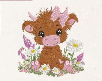 Diseño de bordado floral de vaca de las Tierras Altas para bebé / Animal de guardería para baby shower Archivo de bordado Pes Dst Jef Vp3 / Descarga instantánea