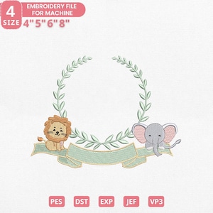 May include: An embroidery file design featuring a lion and an elephant on a light green banner, surrounded by a green wreath. The text "EMBROIDERY FILE FOR MACHINE" and sizes 4", 5", 6", and 8" are displayed.