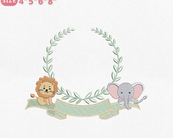 Safari Baby Frame Embroidery Design, Lion Elephant Wreath Jungle Animal Name Tag, Machine Embroidery File, Instant Download Pes Dst Jef Exp