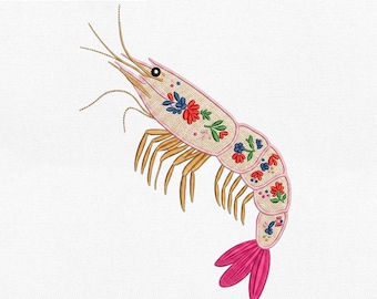 Floral Shrimp Machine Embroidery File, Cute Ocean Animal Embroidery Design, Instant Download Pes Dst Exp