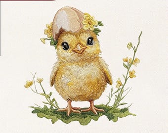Diseño de bordado de pollito bebé floral / Animal de guardería para baby shower Archivo de bordado Pes Dst Jef Vp3 / Descarga instantánea