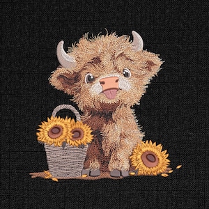 May include: A brown and white Highland cow with a pink tongue sticking out, sitting next to a basket of sunflowers. The cow is smiling and has a friendly expression.