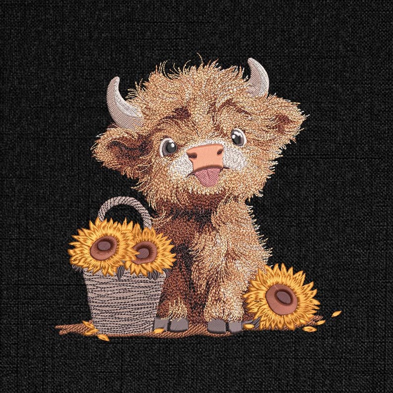 May include: A brown and white Highland cow with a pink tongue sticking out, sitting next to a basket of sunflowers. The cow is smiling and has a friendly expression.