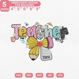 Teacher Bow Embroidery Design, Pencil Apple Ribbon with Letters Back to School Machine File, Instant Download, PES DST File