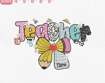 Teacher Bow Embroidery Design, Pencil Apple Ribbon with Letters Back to School Machine File, Instant Download, PES DST File