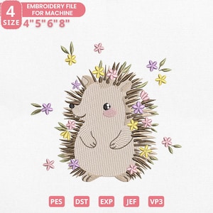 May include: An embroidered design of a cute hedgehog with flowers in shades of pink, yellow, and purple. The text "EMBROIDERY FILE FOR MACHINE" and sizes 4", 5", 6", and 8" are displayed. File formats PES, DST, EXP, JEF, and VP3 are also shown.