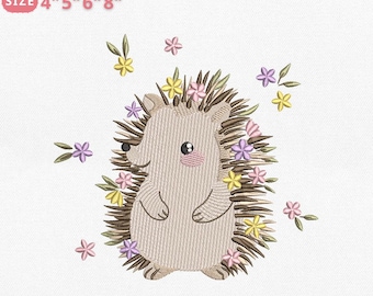 Floral Hedgehog Embroidery Design, Cute Baby Hedgehog Machine File, Woodland Animal File for Machine Embroidery, Instant Download, 4 Sizes