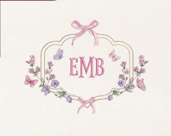 Diseño de bordado de marco con monograma Floral Coquette / Archivo para máquina de escribir con escudo de flores de primavera / Archivo Pes Dst Exp para corona de boda de bebé / Descarga instantánea