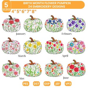 Può includere: Disegni di ricamo con zucche decorate con fiori che rappresentano ogni mese di nascita. Disponibili in cinque misure: 10 cm, 13 cm, 15 cm, 18 cm e 20 cm. Il testo "BIRTH MONTH FLOWER PUMPKIN" e "24 EMBROIDERY DESIGNS" è incluso.