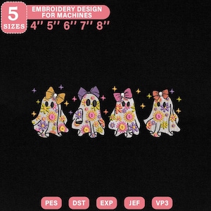 Floral Ghosts Embroidery Design, Cute Halloween Bows and Flowers Applique File for Machine Embroidery, Instant Download, PES DST File
