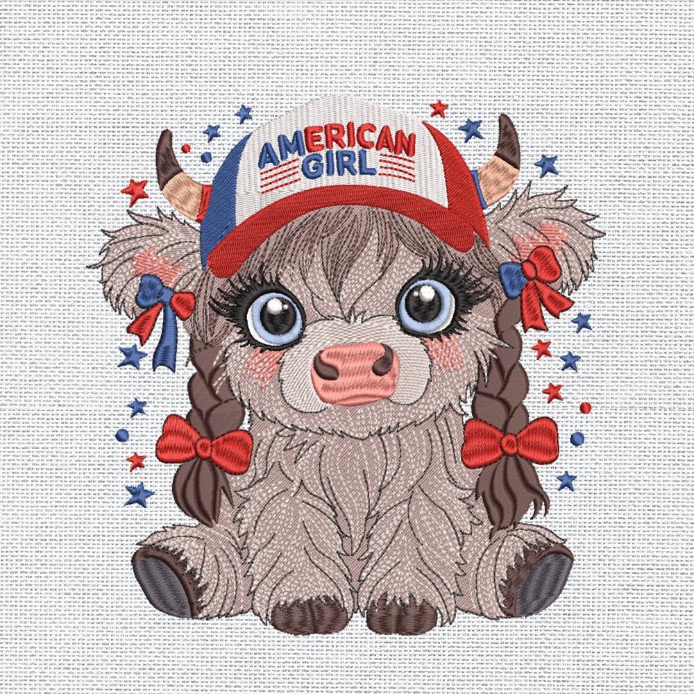 America Highland Cow Embroidery Design, Cute Patriotic Cow, 4th of