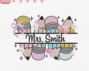 Teacher Split Embroidery Design, Pencil with Floral and Bow Embroidery File for Machine, Instant Download, PES DST File