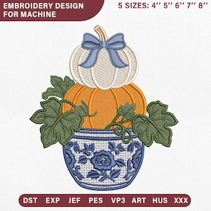 Chinoiserie Bowl Pumpkin Stack Machine Pattern, Blue White Porcelain Fall Planter, Grandmillennial Autumn Bow Digital Download Pes Dst Jef