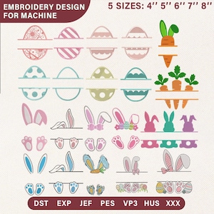 May include: An embroidery design sheet featuring Easter-themed elements. The design includes various egg shapes, bunny ears, carrot designs, and bunny paw prints. The text "EMBROIDERY DESIGN FOR MACHINE" and "5 SIZES: 4" 5" 6" 7" 8"" are visible.