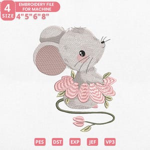 May include: An embroidery file for machine featuring a cartoon mouse with a pink flower skirt. The mouse is grey with pink accents and black eyes. The file sizes are 10.16cm, 12.7cm, 15.24cm, and 20.32cm. The image also includes file type abbreviations: PES, DST, EXP, JEF, and VP3.