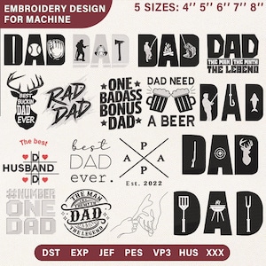 Könnte beinhalten: Eine Sammlung schwarzer Stickdesigns für die Maschine, mit dem Wort "DAD" in verschiedenen Stilen und zugehörigen Grafiken wie Baseball, Angeln und Bierkrügen. Die Designs sind in 5 Größen von 10 bis 20 cm erhältlich.