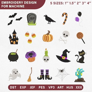 May include: A digital embroidery design set for machines featuring twenty Halloween-themed icons including bats, a tombstone, a raven, candy, balloons, a haunted house, a pumpkin, a skull, a cauldron, a cupcake, a witch hat, a cat, and a ghost.