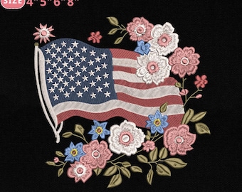 アメリカ国旗の花柄刺繍デザイン、7月4日国旗USAミシンファイル、愛国