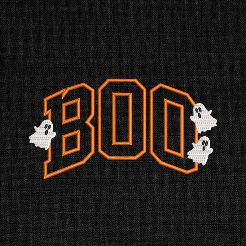 May include: Embroidered design on black fabric. The word "BOO" is in orange block letters with an orange outline. Two small white ghost figures are on the right side and one on the left. The ghosts have black eyes and mouths.