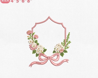 Pink Floral Frame Embroidery Design, Baby Girl Label Bow Border Machine Embroidery File, Floral Wreath Patch, Instant Download Pes Dst Jef